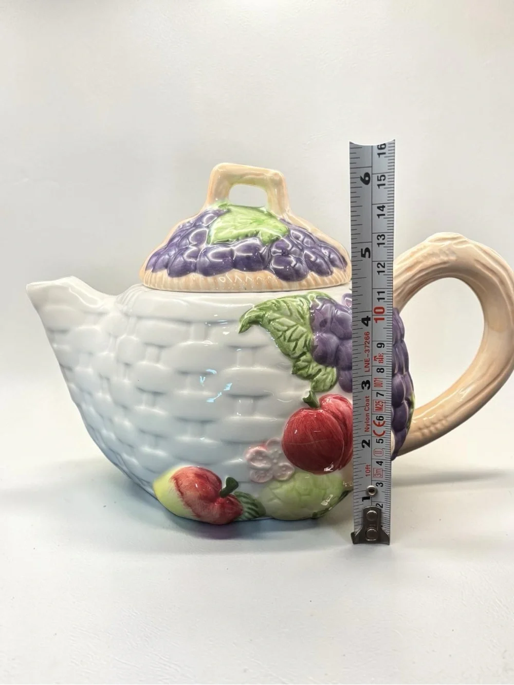 Vintage 1994 CKAO Ceramic Basket Weave W/ Fruit Design Tea Pot W/ Lid 7” Tall